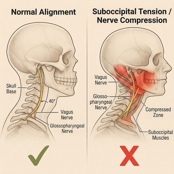 Tension at the base of the skull (the Suboccipital Zone) is crushing vital nerves