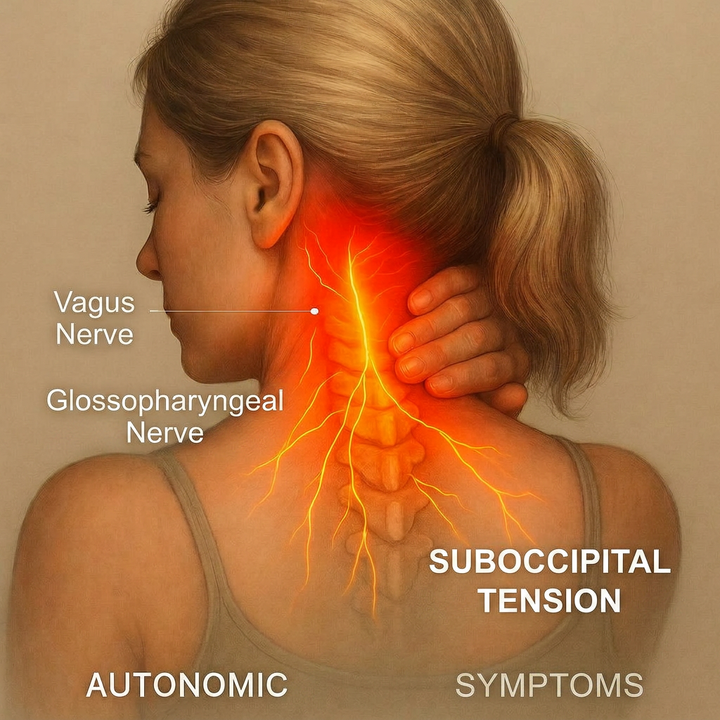 Tension at the base of the skull locks the nervous system in alarm mode