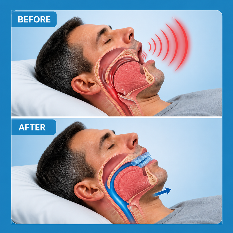 Stops snoring by gently pushing your jaw forward